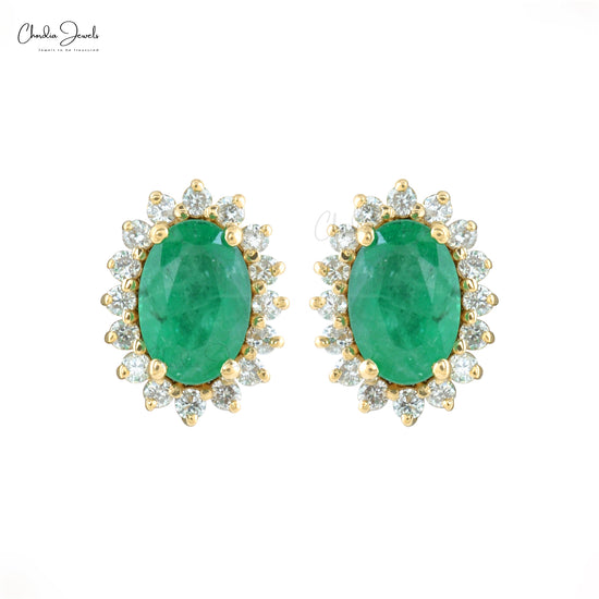 Solid 14k Yellow Gold Natural Emerald Halo Earrings 1.1mm Round Cut Diamond Hallmarked Jewelry For Birthday Gift