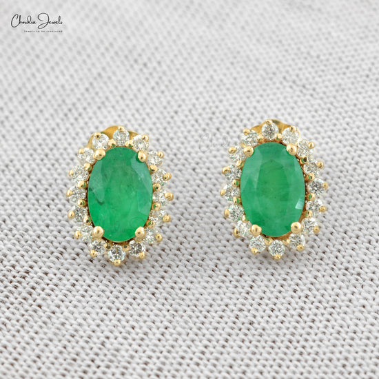 Solid 14k Yellow Gold Natural Emerald Halo Earrings 1.1mm Round Cut Diamond Hallmarked Jewelry For Birthday Gift