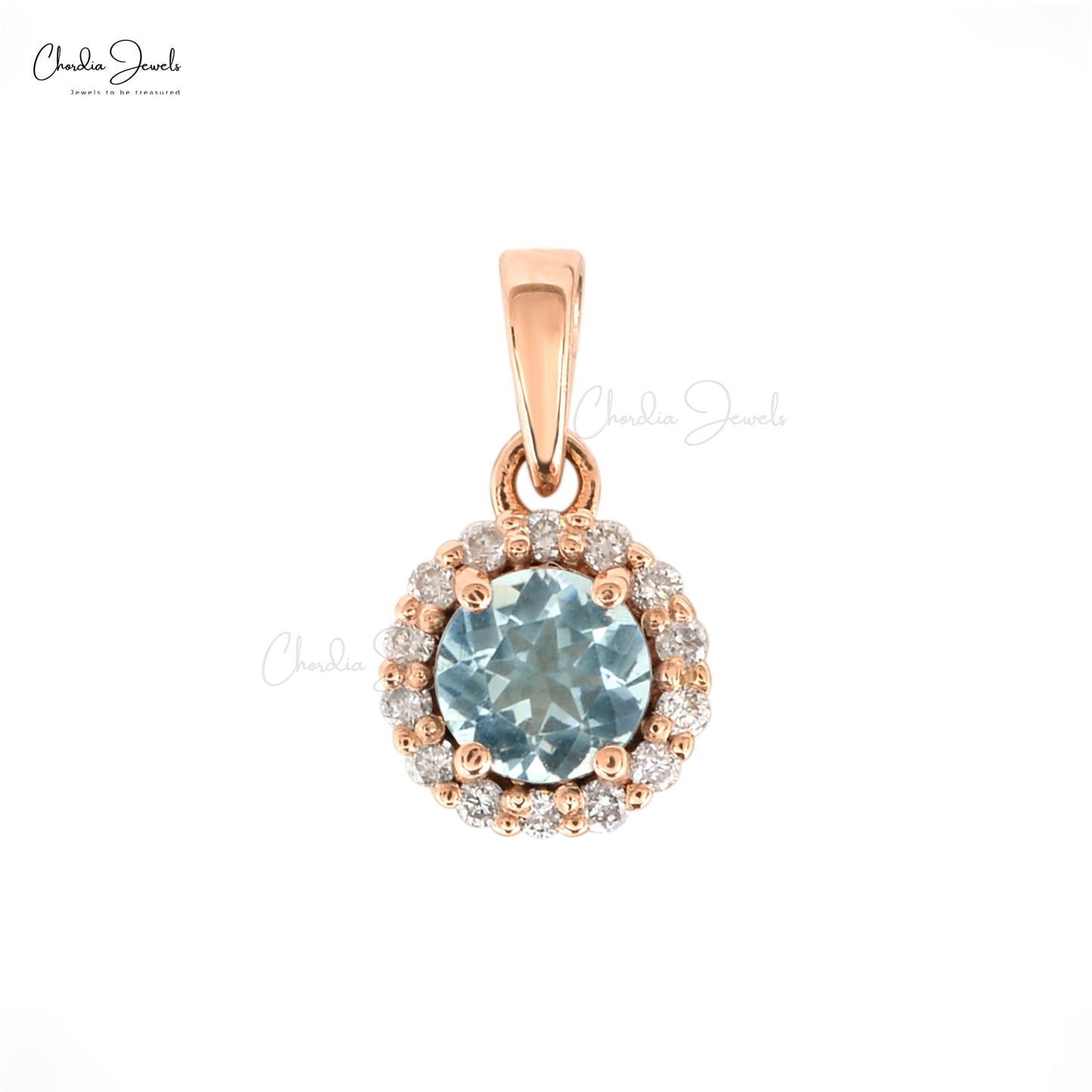 Load image into Gallery viewer, Natural Aquamarine Pendant, 14k Solid Rose Gold Diamond Halo Pendant, 4mm Round Gemstone Prong Set Pendant, March Birthstone Pendant Gift for Her
