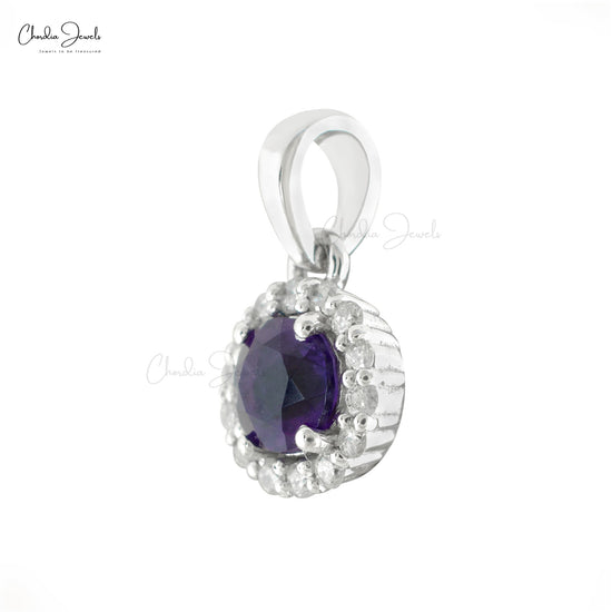Load image into Gallery viewer, Classic Dangling Round Shape Halo Diamond Pendant Necklace Real 14k Gold Genuine Amethyst Gemstone Jewelry For Engagement Gift
