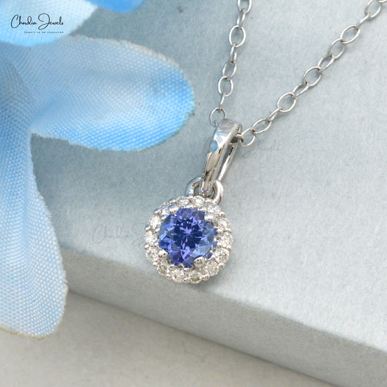 AAA Natural Tanzanite Halo Pendant 4mm Round Brilliant December Birthstone Pendant 14k Solid White Gold Sharing Prong Set Diamond Fine Jewelry