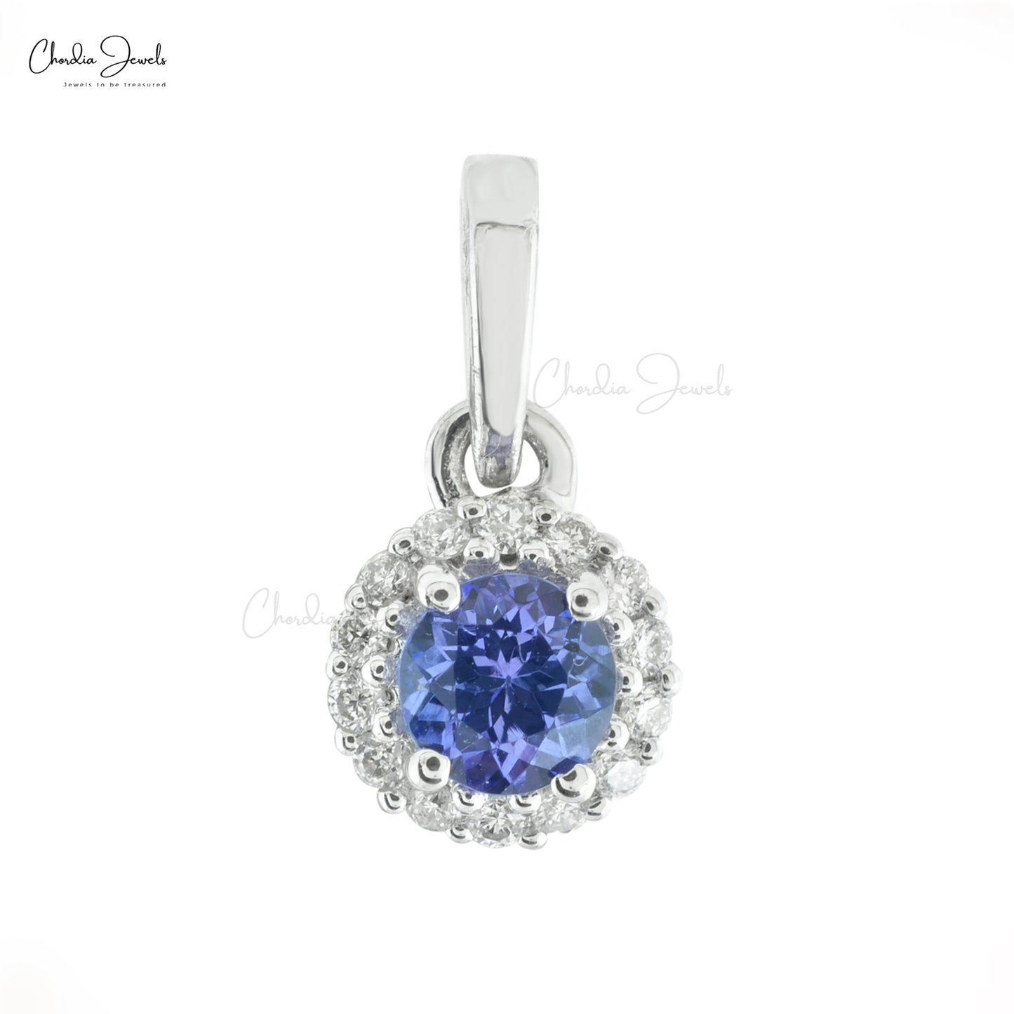 AAA Natural Tanzanite Halo Pendant 4mm Round Brilliant December Birthstone Pendant 14k Solid White Gold Sharing Prong Set Diamond Fine Jewelry