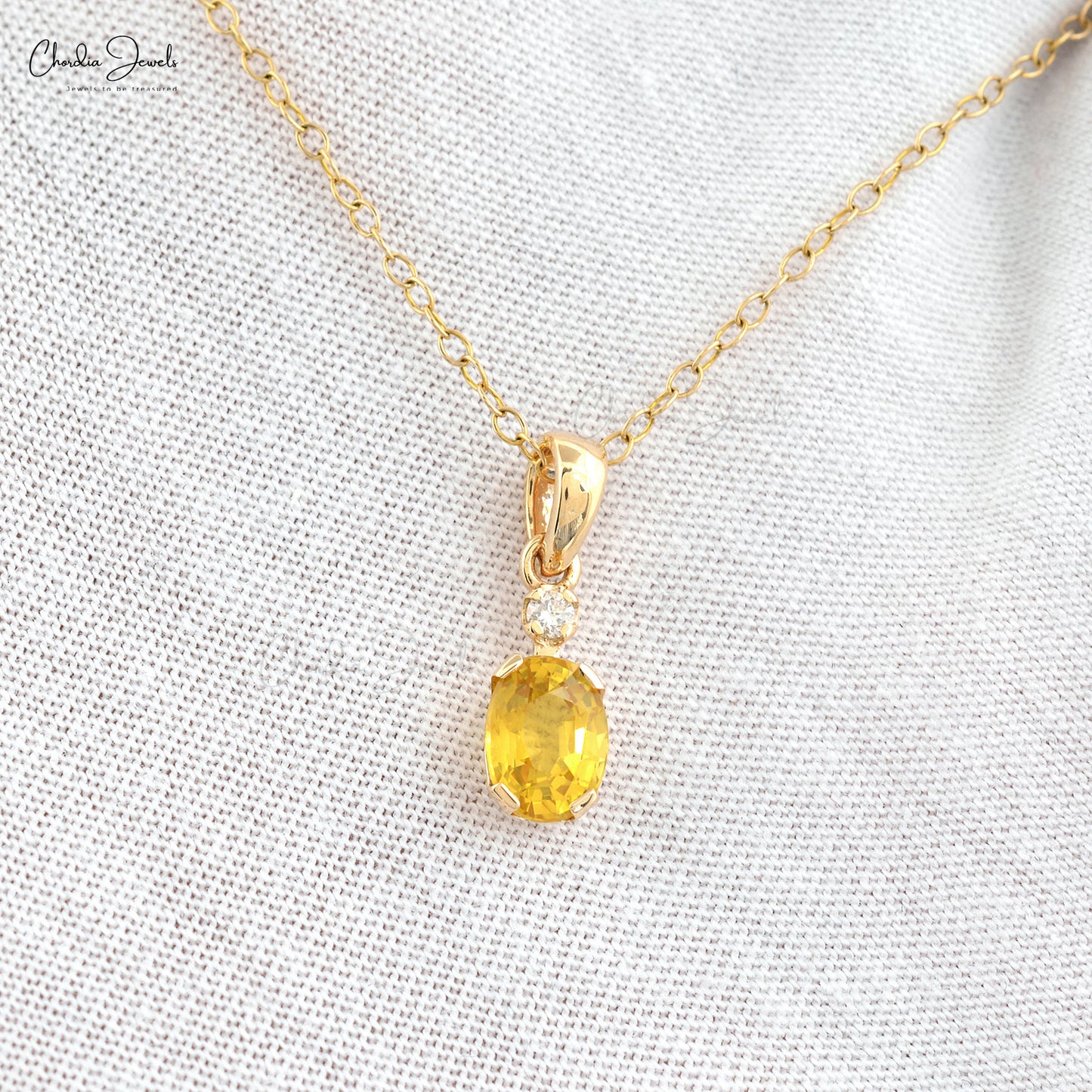 Natural Diamond Accent Pendant Necklace Real 14k Yellow Gold Oval Shape Yellow Sapphire Gemstone Pendant Perfect Gift For Her
