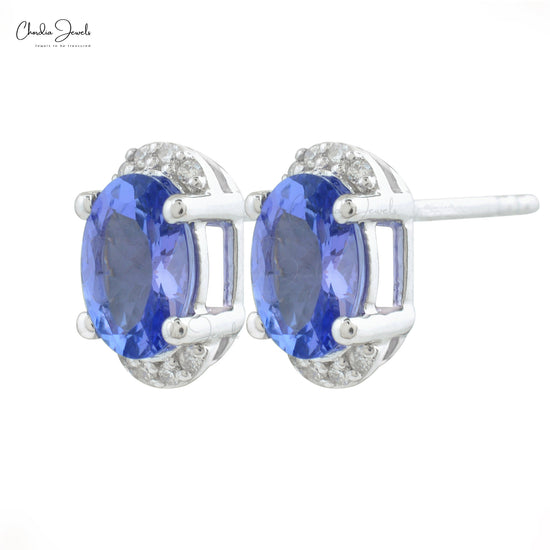 Load image into Gallery viewer, Genuine Blue Tanzanite Half Halo Studs 14k Real Gold G-H Diamond Summer Jewelry 7x5mm Oval Cut Gemstone Push Back Earrings For Her
