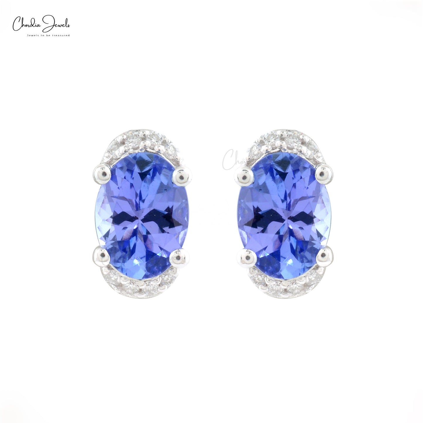 Genuine Blue Tanzanite Half Halo Studs 14k White Gold G-H Diamond Summer Jewelry 7x5mm Oval Cut Gemstone Push Back Earrings For Her