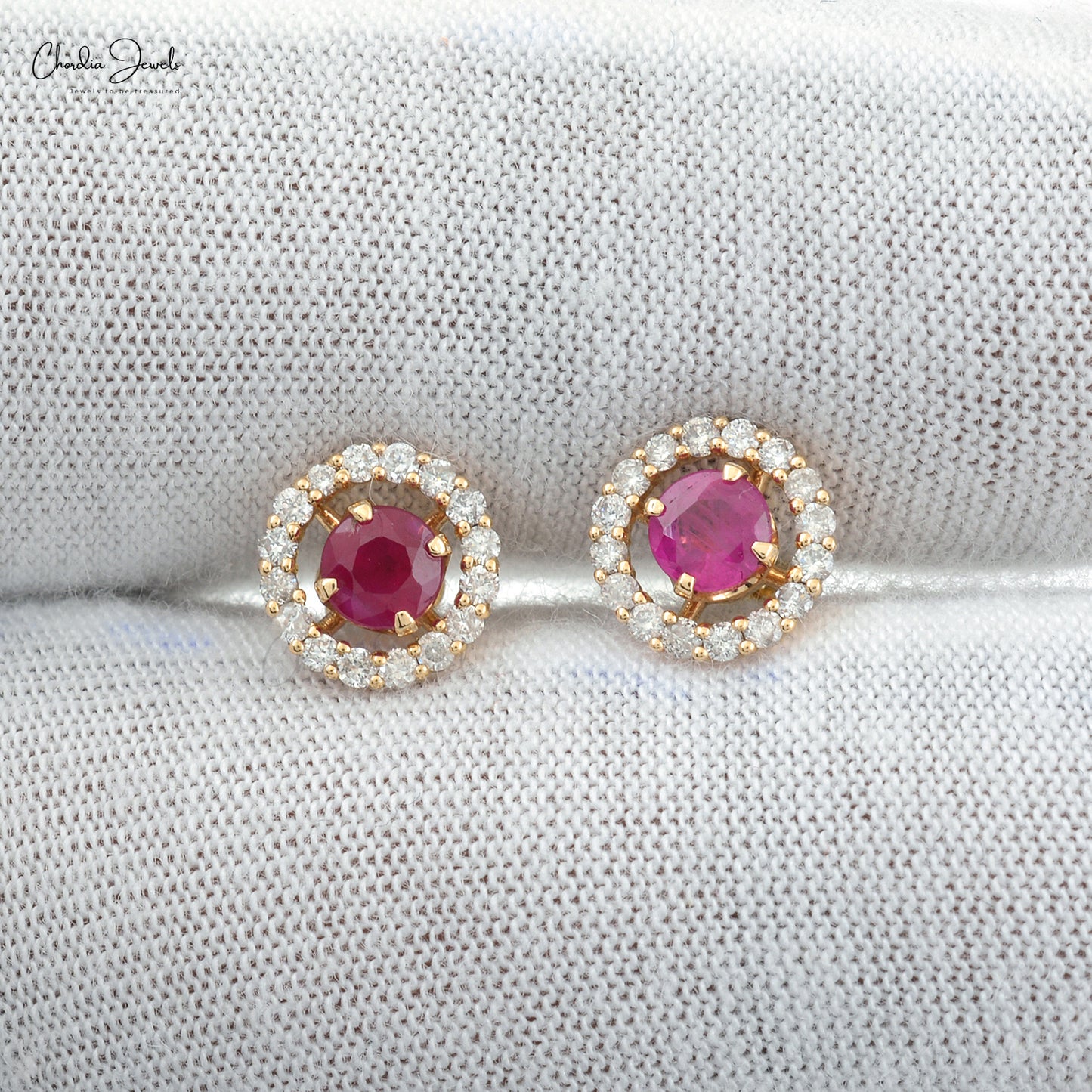 Load image into Gallery viewer, Natural Burma Ruby Handmade Halo Studs Earring in 14k Yellow Gold
