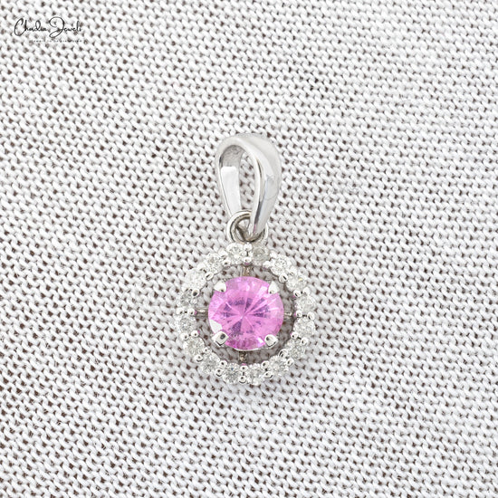 Round Brilliant Cut Natural Pink Sapphire Pendant Necklace for Women Real 14k White Gold Diamond Halo Necklace Pink Gemstone Pendant Birthday Gift