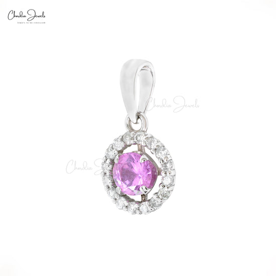 Round Brilliant Cut Natural Pink Sapphire Pendant Necklace for Women Real 14k White Gold Diamond Halo Necklace Pink Gemstone Pendant Birthday Gift