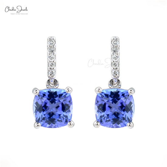 Natural Tanzanite & Diamond Dangle Earrings 6mm Cushion Cut Gemstone Art Deco Earrings 14k Real White Gold Handmade Jewelry