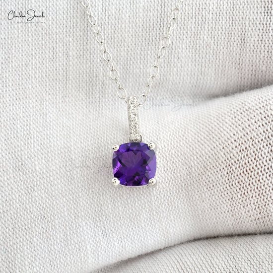 African Amethyst 0.98 Ct Gemstone and Diamond Bar 14k Real Gold Dangle Pendant