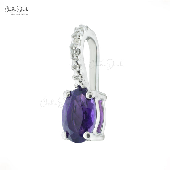 Oval Shaped Genuine Purple Amethyst Hidden Bail Pendant Necklace 14k Real White Gold Diamond Jewelry Wedding Gift