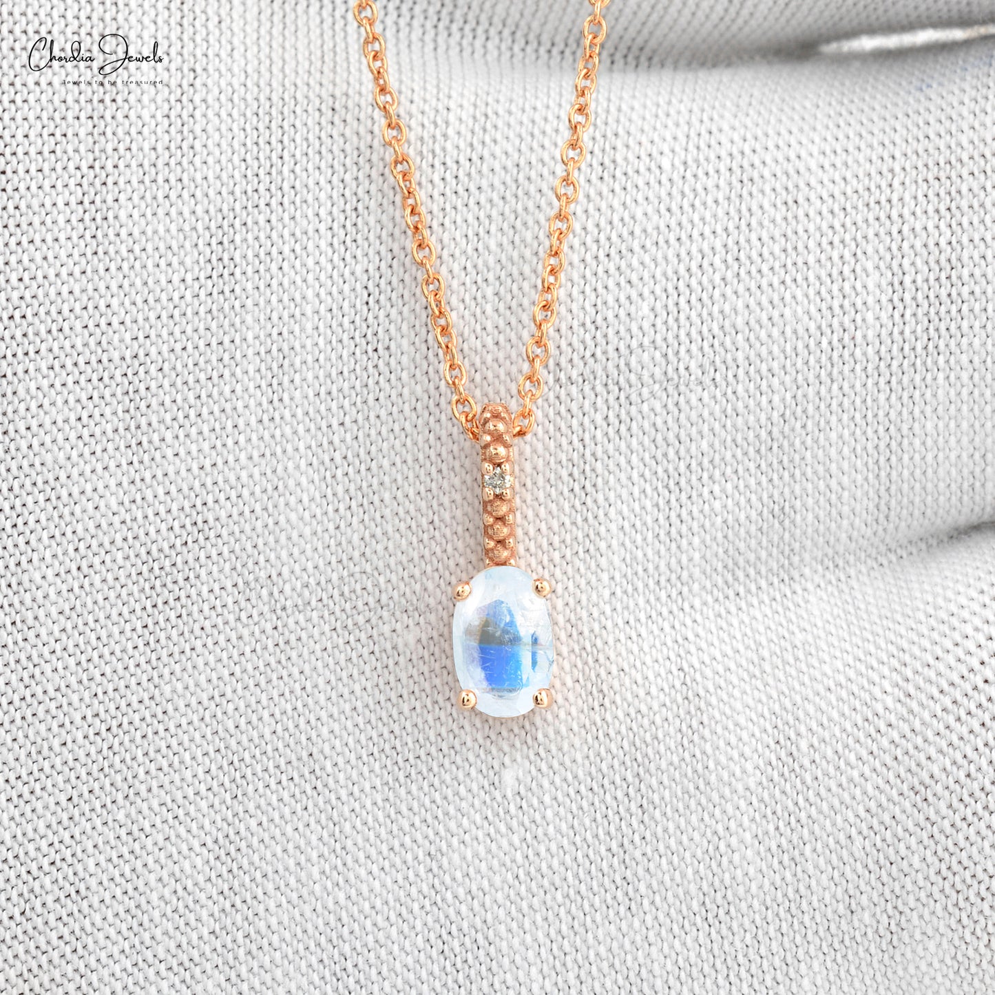 Beautiful Hidden Bail Pendant Necklace Studded White Diamond Authentic Rainbow Moonstone Pendant in Pure 14k Rose Gold Mother's Day Gift