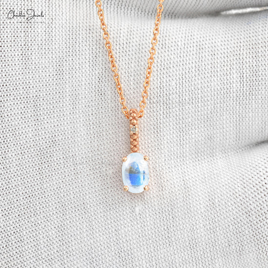 Beautiful Hidden Bail Pendant Necklace Studded White Diamond Authentic Rainbow Moonstone Pendant in Pure 14k Rose Gold Mother's Day Gift