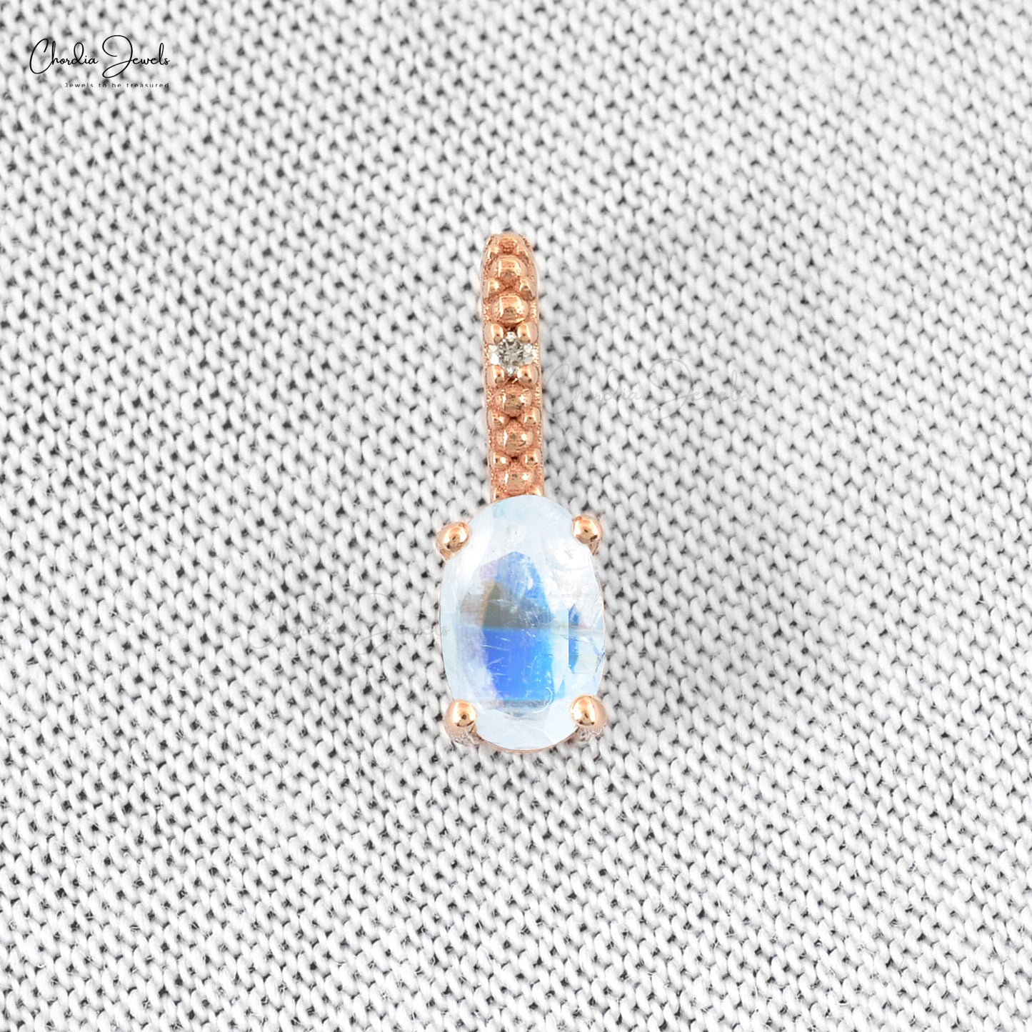 Beautiful Hidden Bail Pendant Necklace Studded White Diamond Authentic Rainbow Moonstone Pendant in Pure 14k Rose Gold Mother's Day Gift