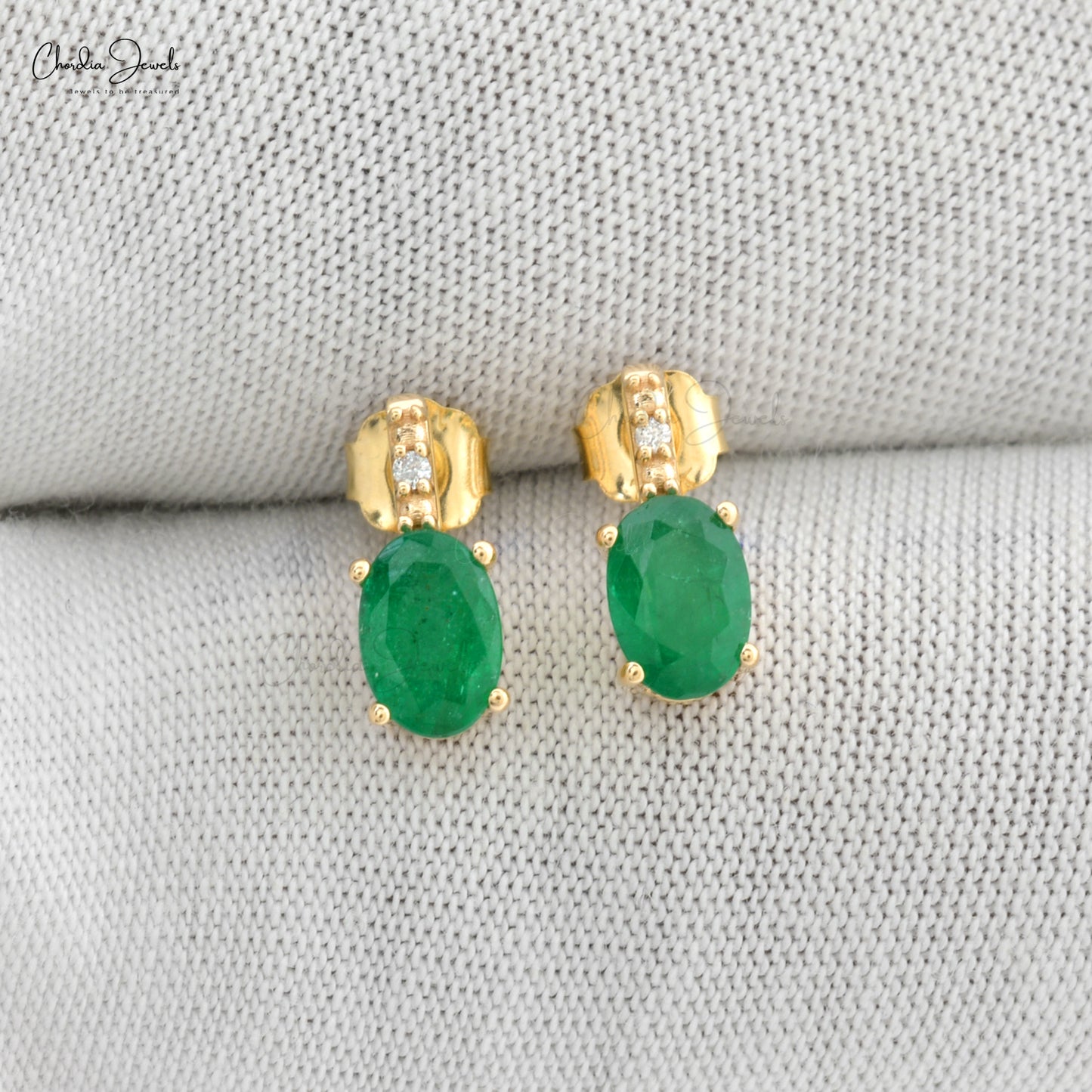 Genuine Emerald & Diamond Earrings Solid 14k Yellow Gold Stud Earrings For Her