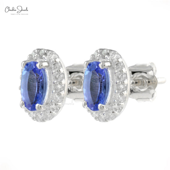 Real 14k White Gold Genuine Tanzanite Halo Earrings 1mm Round Cut Diamond Pave Set Studs Summer Jewelry For Gift