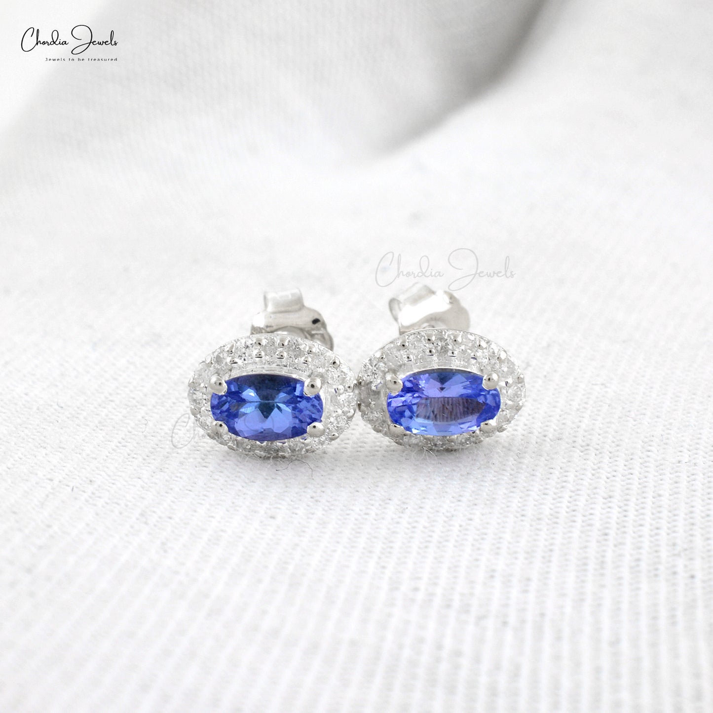 Real 14k White Gold Genuine Tanzanite Halo Earrings 1mm Round Cut Diamond Pave Set Studs Summer Jewelry For Gift