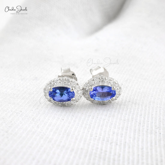Load image into Gallery viewer, Real 14k White Gold Genuine Tanzanite Halo Earrings 1mm Round Cut Diamond Pave Set Studs Summer Jewelry For Gift
