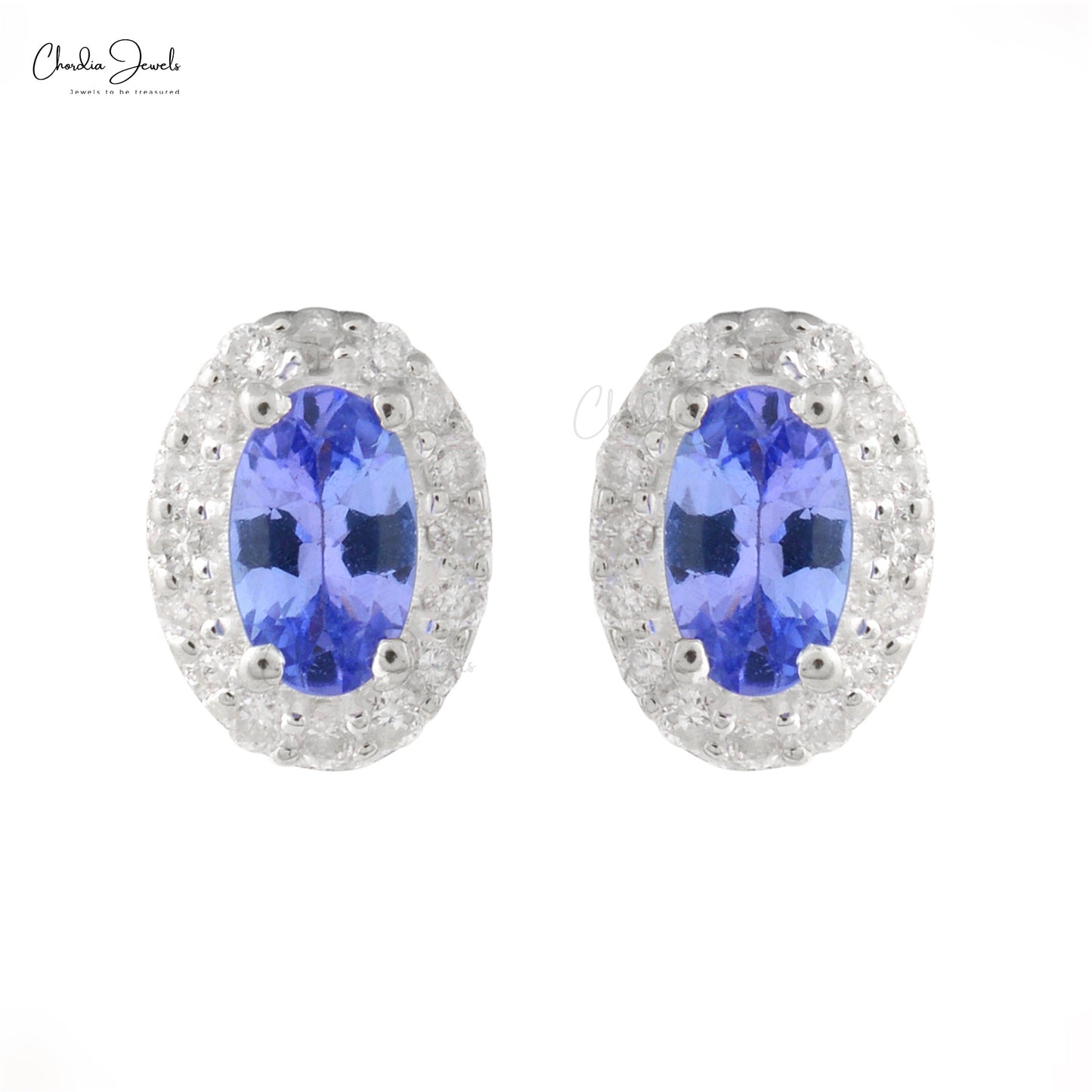 Real 14k White Gold Genuine Tanzanite Halo Earrings 1mm Round Cut Diamond Pave Set Studs Summer Jewelry For Gift