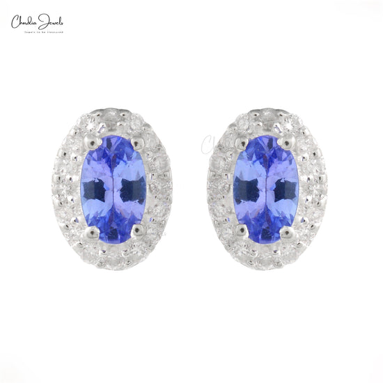 Real 14k White Gold Genuine Tanzanite Halo Earrings 1mm Round Cut Diamond Pave Set Studs Summer Jewelry For Gift