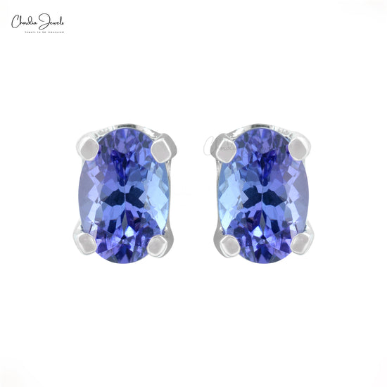 Genuine Tanzanite Solitaire Stud Earrings 14k Solid White Gold Handmade Studs 6x4mm Oval Cut Gemstone Dainty Jewelry For Women's