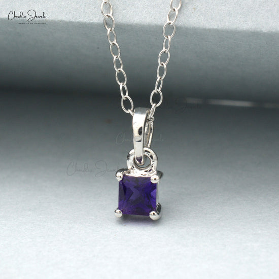 Dainty Square Shape Natural Amethyst Gemstone Pendant Necklace Purple Stone Pendant in 14k Real White Gold Birthday Gift For Mom and Sister