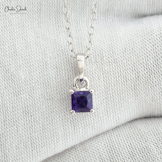 Load image into Gallery viewer, Dainty Square Shape Natural Amethyst Gemstone Pendant Necklace Purple Stone Pendant in 14k Real White Gold Birthday Gift For Mom and Sister
