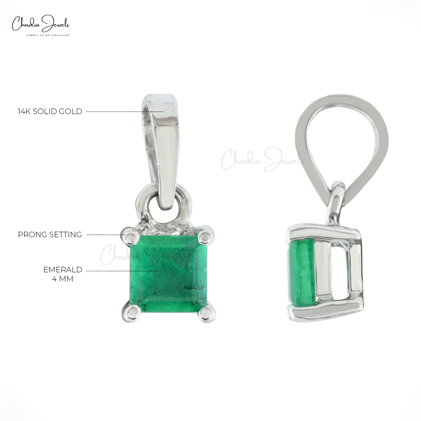 Real 14k White Gold Gemstone Gift Pendant 4mm Square Cut Natural Green Emerald Pendant May Birthstone Light Weight Jewelry For Women