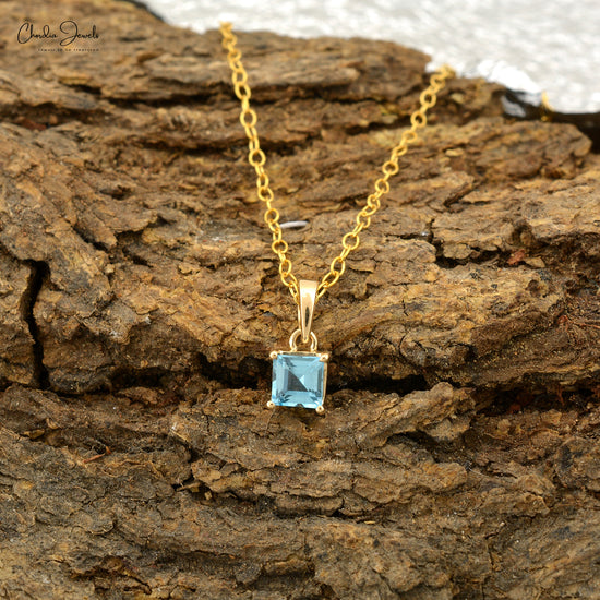 Real 14k Yellow Gold Solitaire Pendant Necklace For Women Genuine Swiss Blue Topaz Gemstone Pendant Gift For Special Occasion