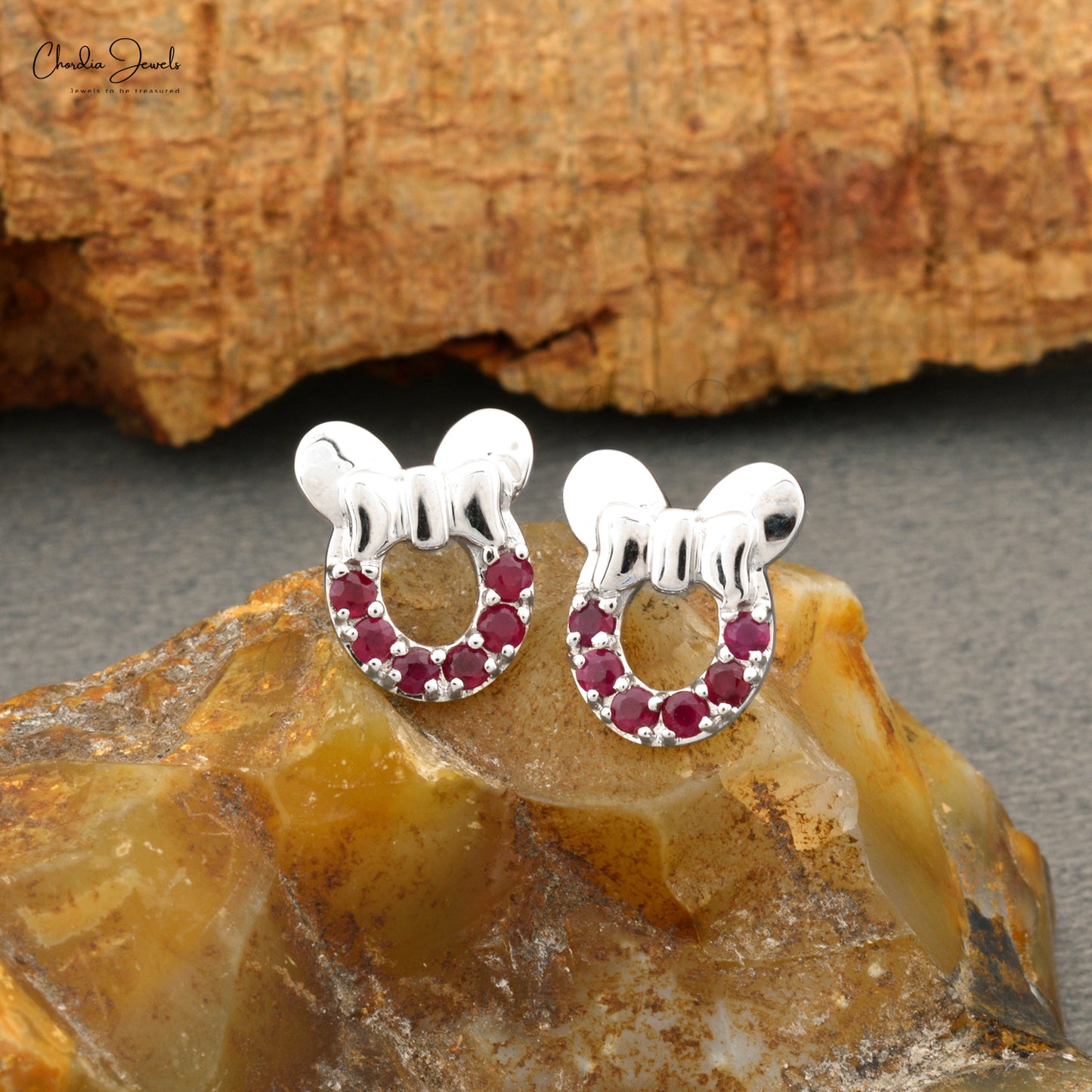 Beautiful Cartoon Mickey Mouse Stud Earrings Natural Red Ruby Gemstone Studs in 14k Real White Gold Fine Jewelry For Gift