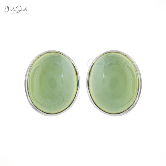 Hot Selling Generous and Simple Solitaire Earrings Oval Shape Natural Prehnite Gemstone Earring in 14k Solid White Gold Hallmarked Jewelry For Bridesmaid Gift