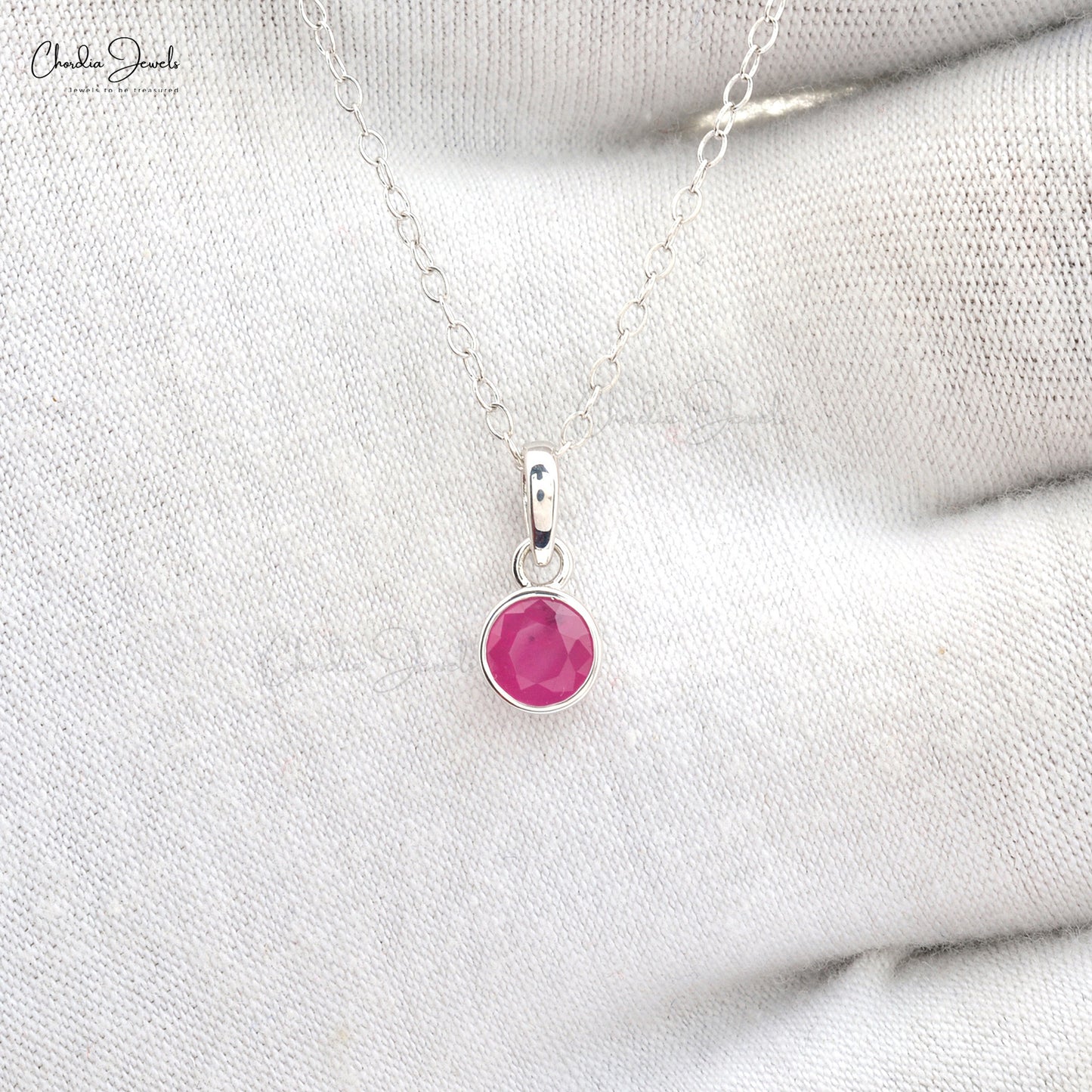 Round Brilliant Cut Bezel Set Genuine Red Ruby Solitaire Pendant Necklace in Real 14k White Gold Bridesmaid Gift