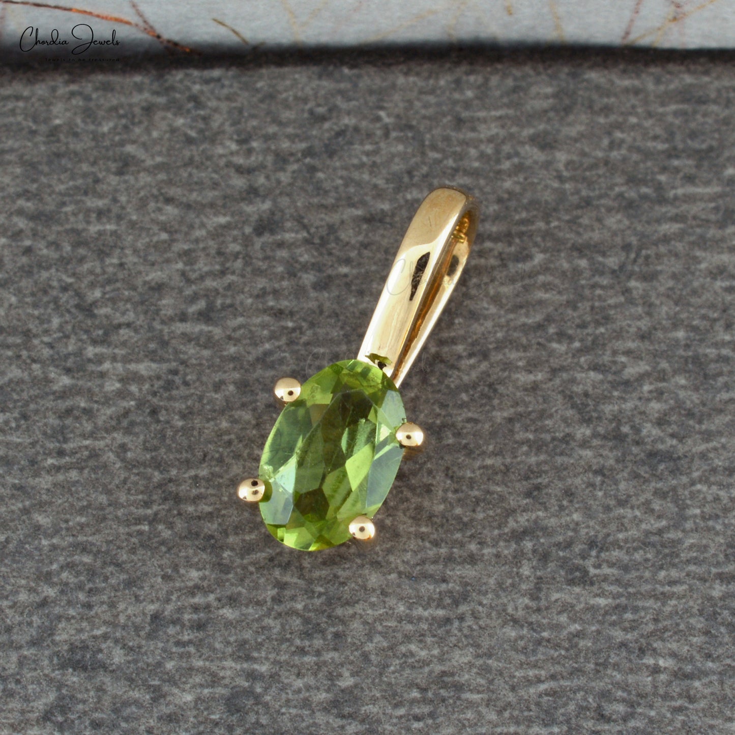 Delicate Solitaire Women Pendant in Pure 14k Yellow Gold Peridot 6x4mm Gemstone Necklace