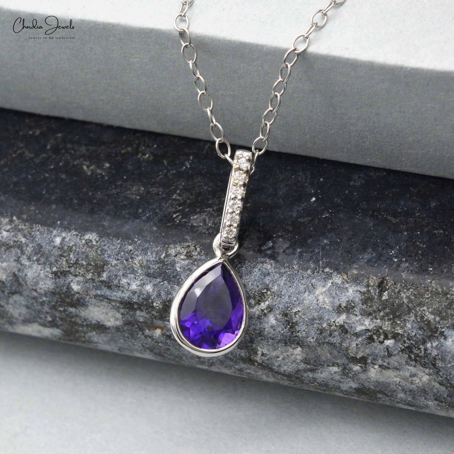 Natural White Diamond and Purple Amethyst Handmade Drop Pendant Necklace in Real 14k White Gold Valentine's Day Gift