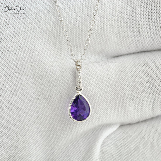 Load image into Gallery viewer, Natural White Diamond and Purple Amethyst Handmade Drop Pendant Necklace in Real 14k White Gold Valentine&amp;#39;s Day Gift

