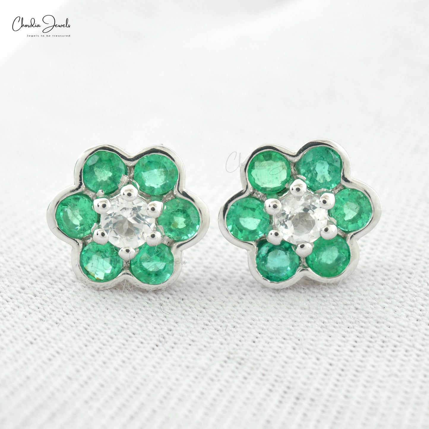 Load image into Gallery viewer, Custom Ladies Sparkling Personalized Natural Green Emerald and White Topaz Floral Earrings 14k Pure Gold Studs Birthday Gift For Sister
