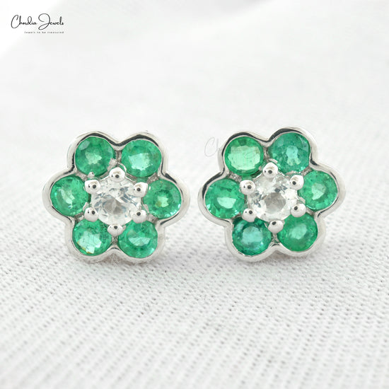Load image into Gallery viewer, Custom Ladies Sparkling Personalized Natural Green Emerald and White Topaz Floral Earrings 14k Pure Gold Studs Birthday Gift For Sister
