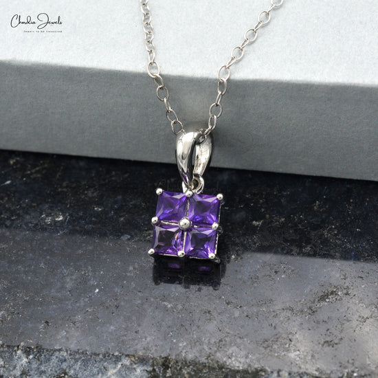 Modern Luxury Cluster Pendant For Women in 14k Solid White Gold 3mm Square Cut Genuine Purple Amethyst Pendant Necklace Hallmarked Jewelry For Gift