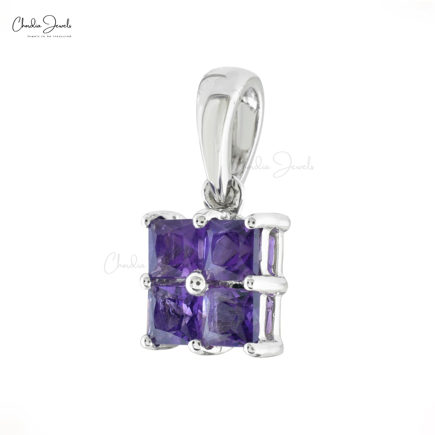 Modern Luxury Cluster Pendant For Women in 14k Solid White Gold 3mm Square Cut Genuine Purple Amethyst Pendant Necklace Hallmarked Jewelry For Gift