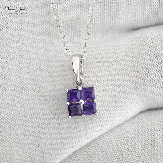 Modern Luxury Cluster Pendant For Women in 14k Solid White Gold 3mm Square Cut Genuine Purple Amethyst Pendant Necklace Hallmarked Jewelry For Gift