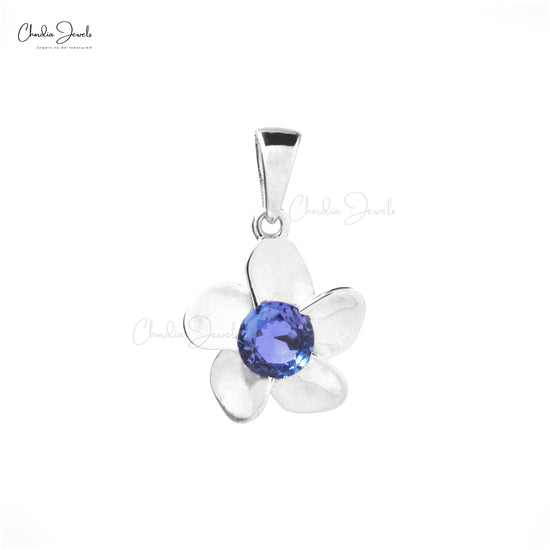 Genuine Tanzanite 5mm Round Cut Flower Pendant 14k Solid White Gold Prong Set Gemstone Light Weight Jewelry