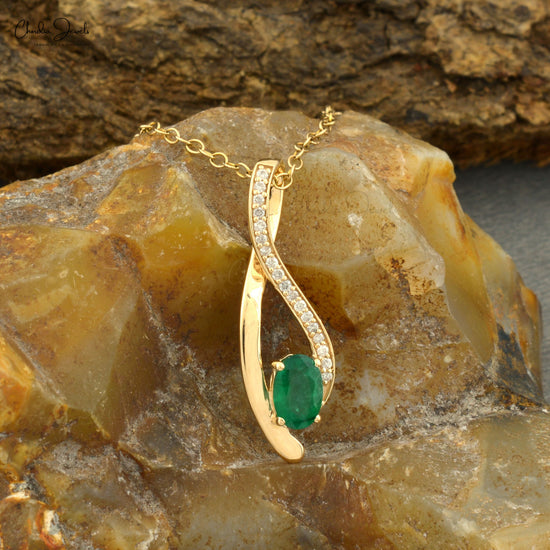 Natural Emerald & Diamond Overlay Pendant Solid 14k Yellow Gold Light Weight Pendant 