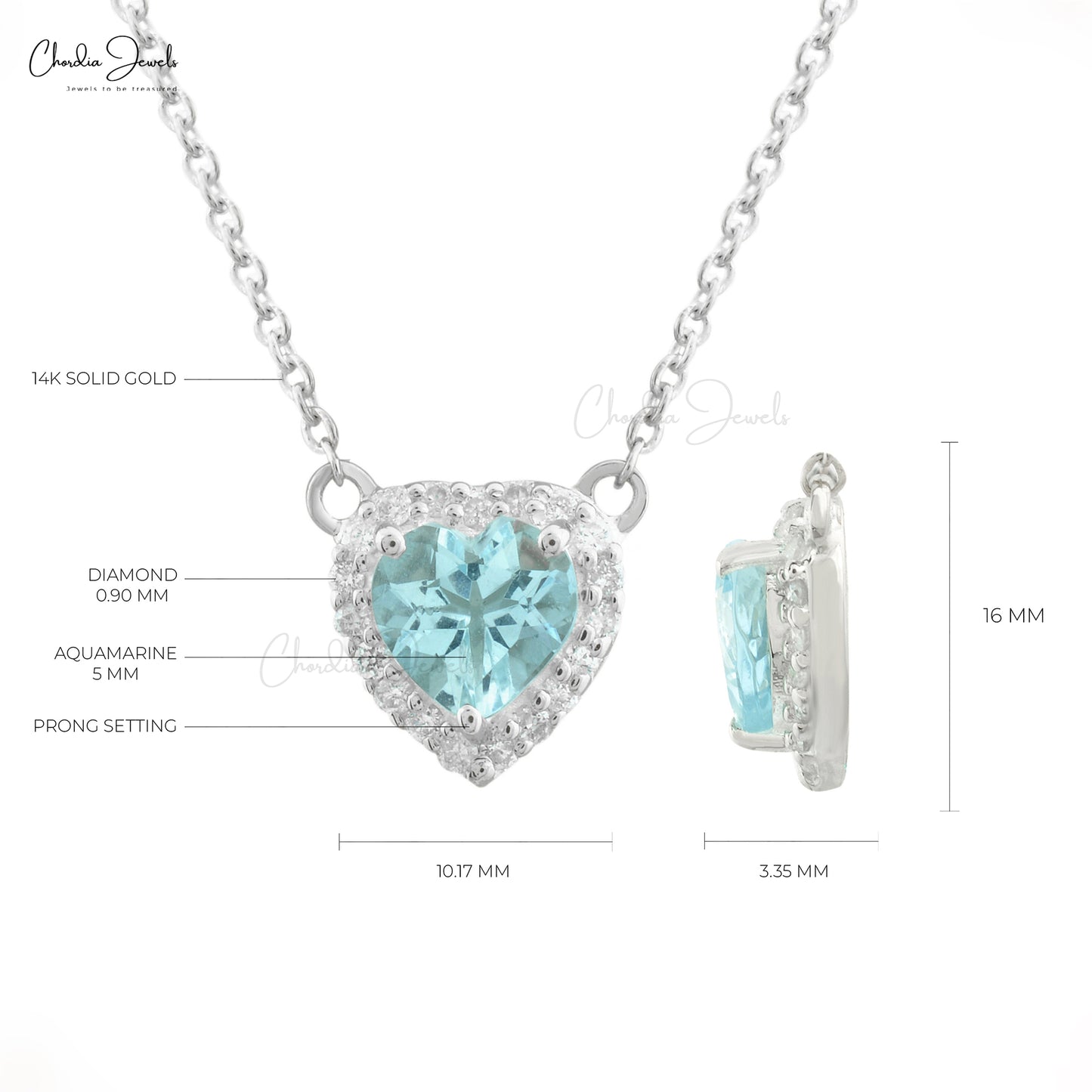 Genuine Aquamarine & Diamond Halo 14k White Gold Heart Necklace