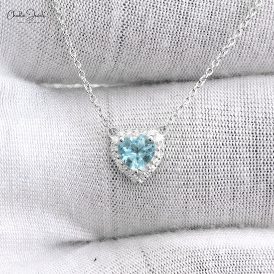 Vintage Heart Shape Natural Aquamarine Gemstone Necklaces Pendant 14k Real White Gold Diamond Necklace for Mother's Father's Day Gifts