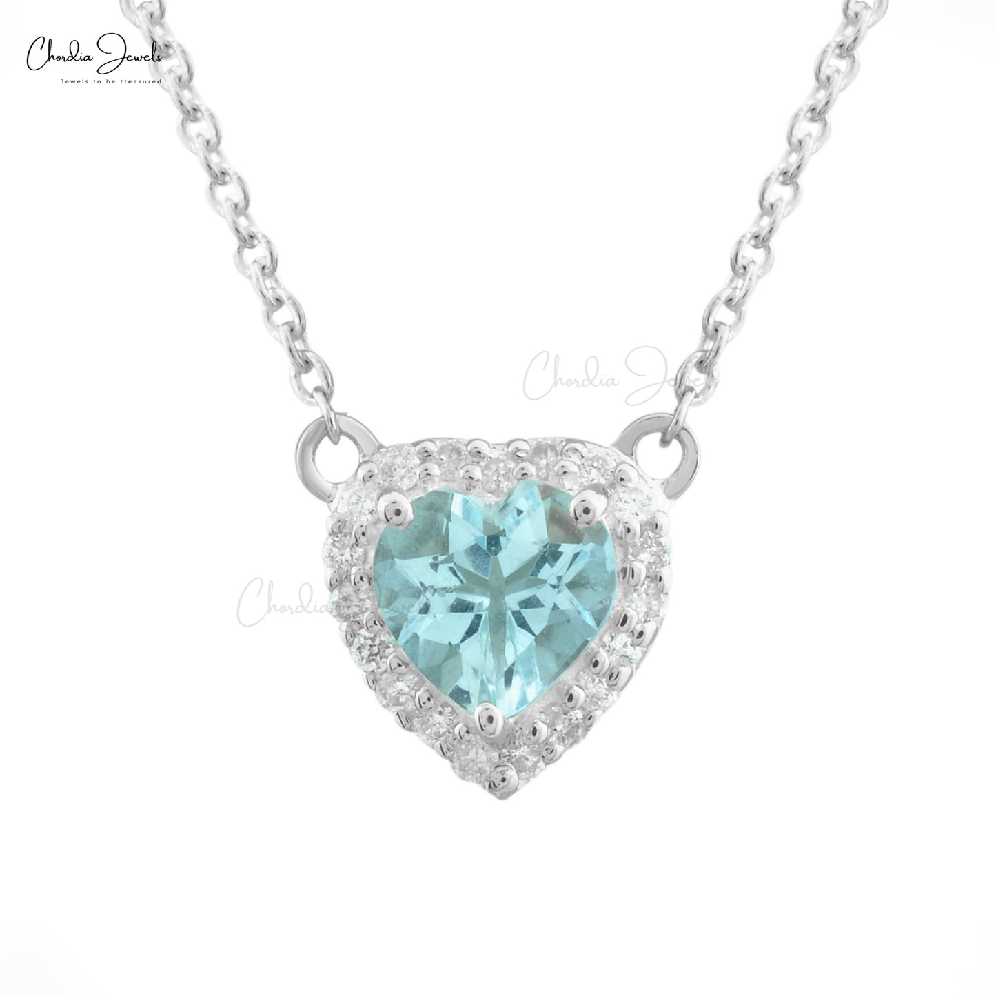 Genuine Aquamarine & Diamond Halo 14k White Gold Heart Necklace