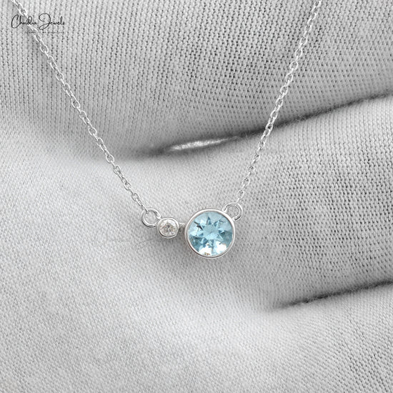Dual Stone Bezel Set Necklace In 14k Solid White Gold Genuine Aquamarine & Diamond Necklace For Bridal 