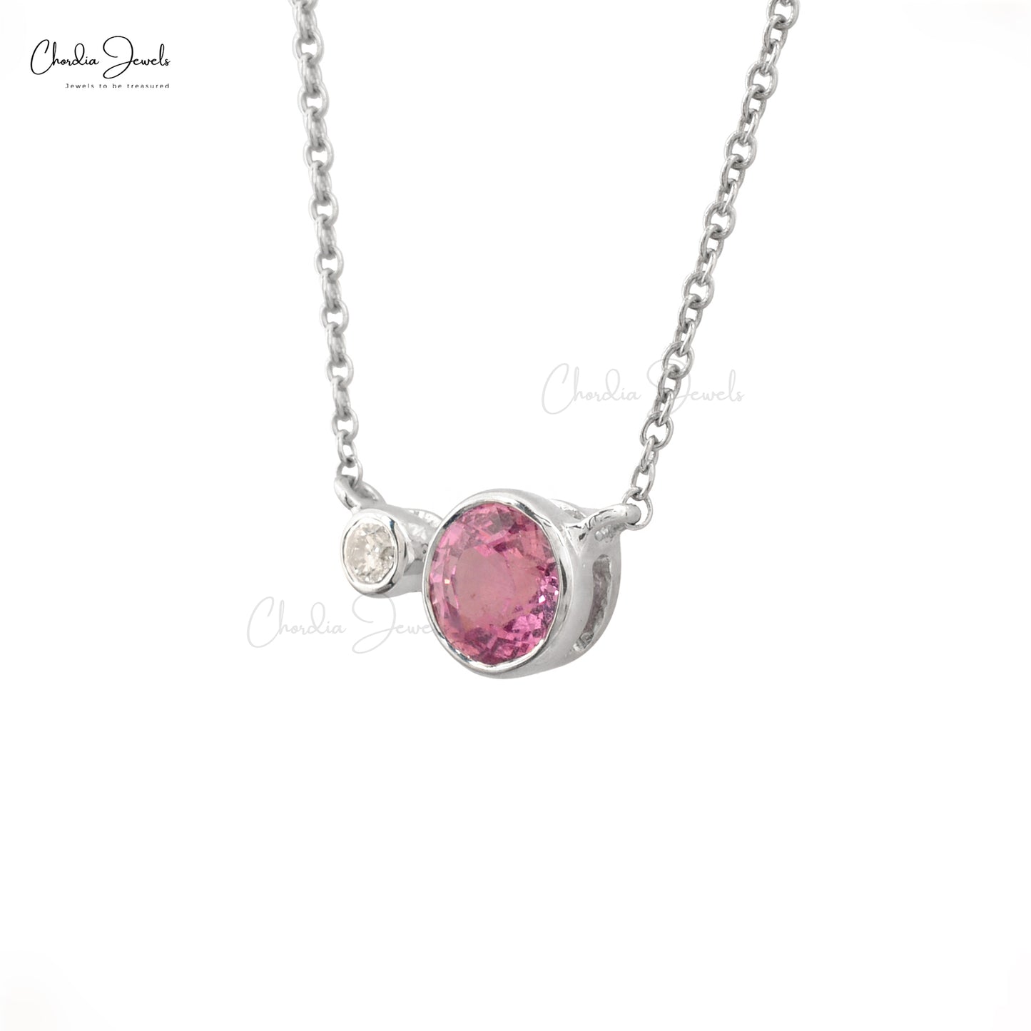 Bezel Set Necklace With 0.6ct Pink Sapphire & Diamond 14k Solid White Gold For Bridesmaid Gift