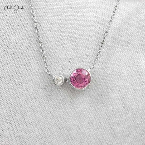 Natural Pink Sapphire & Diamond Necklace Pendant With Spring Ring Closure For Women 14k Solid White Gold Necklace Birthday Gift For Wife