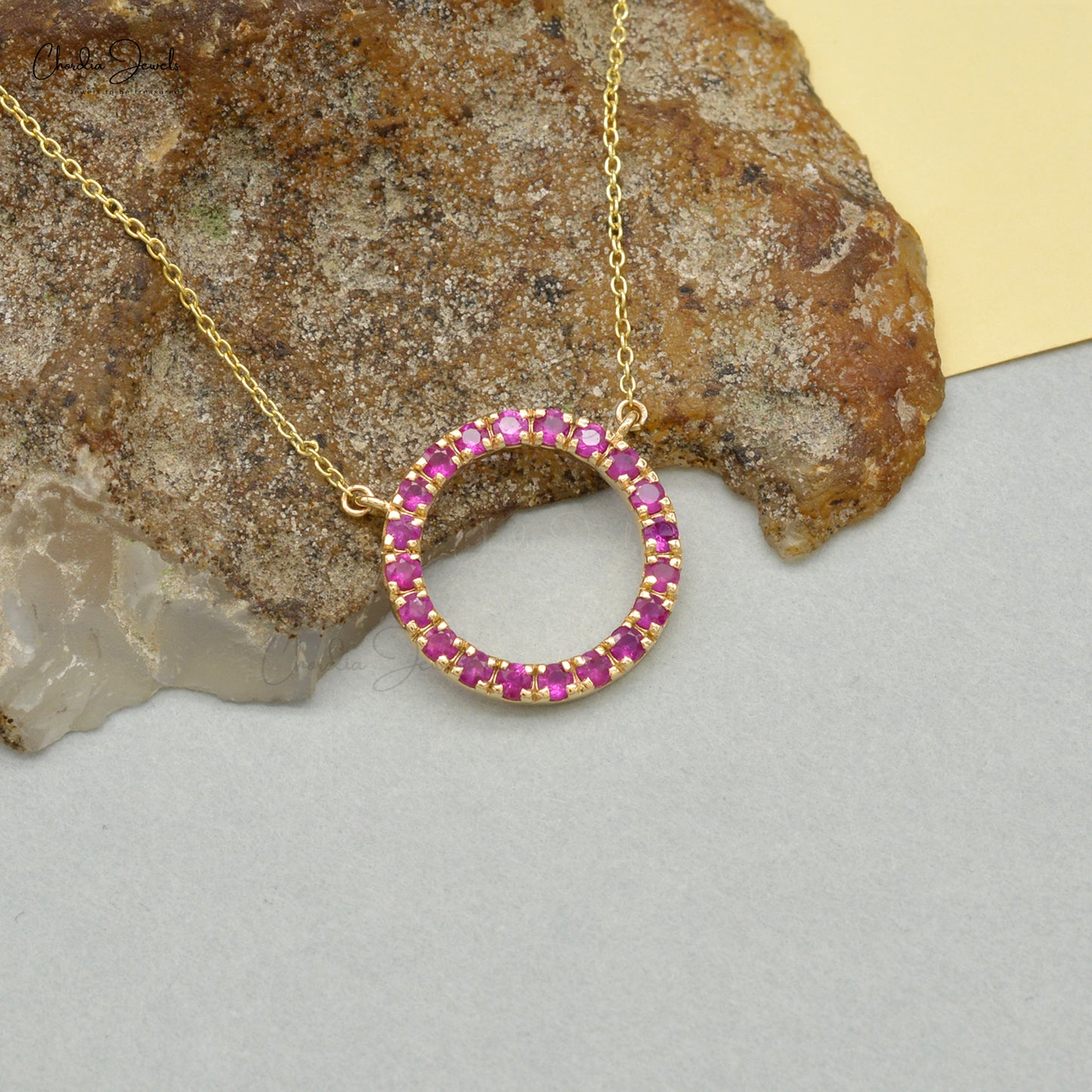 Solid 14k Yellow Gold Genuine Ruby Circle Charm Necklace For Wedding