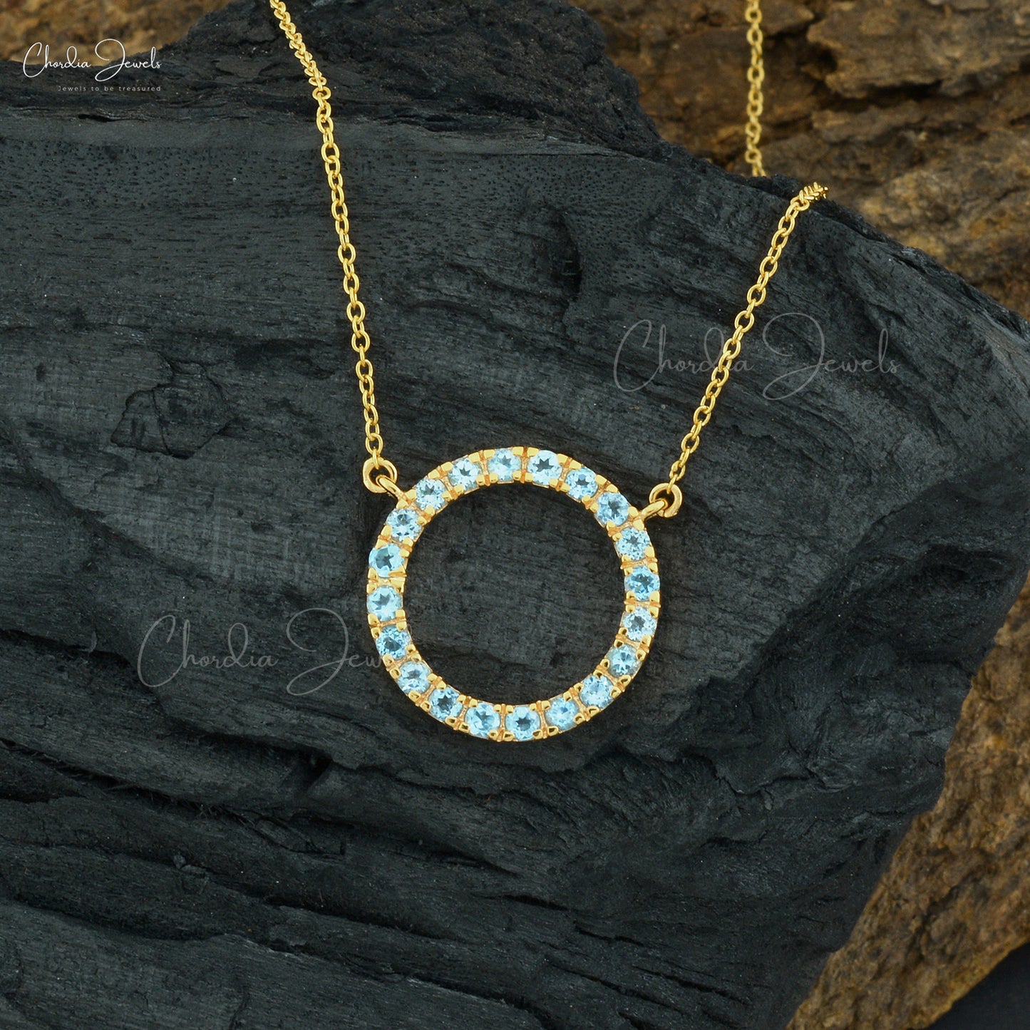 Real 14k Yellow Gold Swiss Blue Topaz Open Circle Necklace